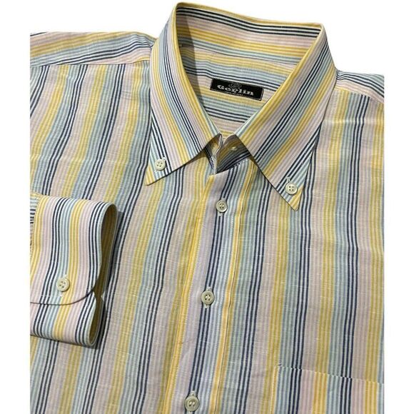 GERLIN Dress Shirt Pink Yellow Blue Stiped Made in Italy Linen Cotton Size 2XL - Picture 1 of 12